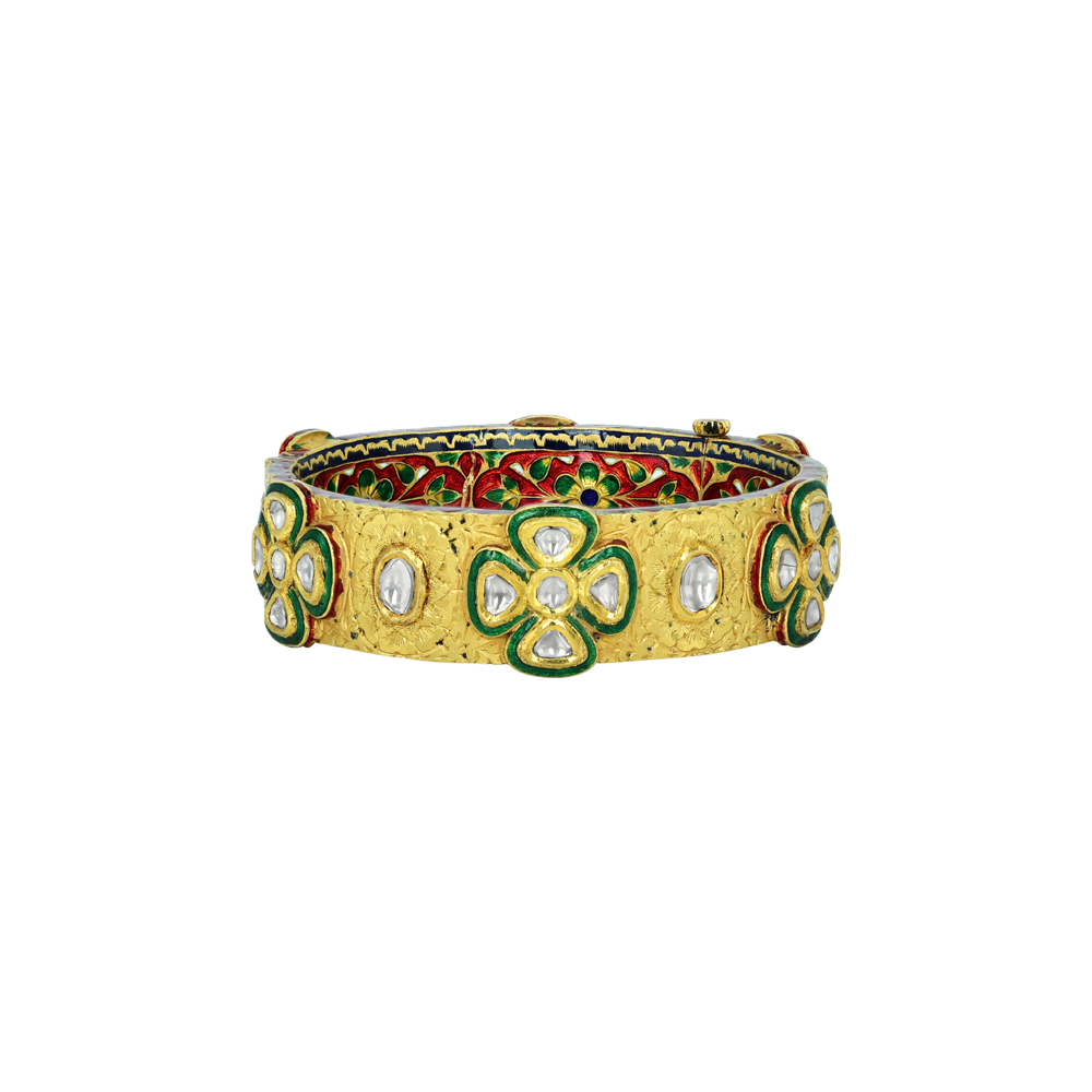Polki Diamond Bangle with Floral Motifs and Meenakari Enamel